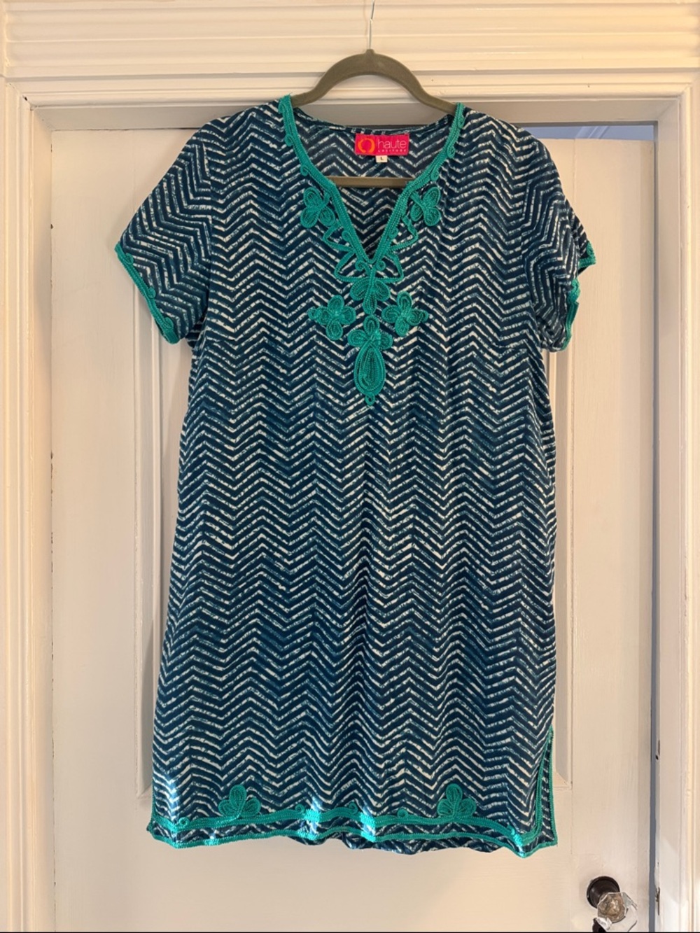 Haute Latitude Navy Chevron Tunic with Teal Embroidery Accents size large